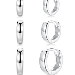 3 Pairs Small Hoop Earrings for Women Men, Sterling Silver Post Sleeper Cartilage Huggie Earring Set, 3mm in Width, Diameter in 8mm 10mm 12mm(Silver)