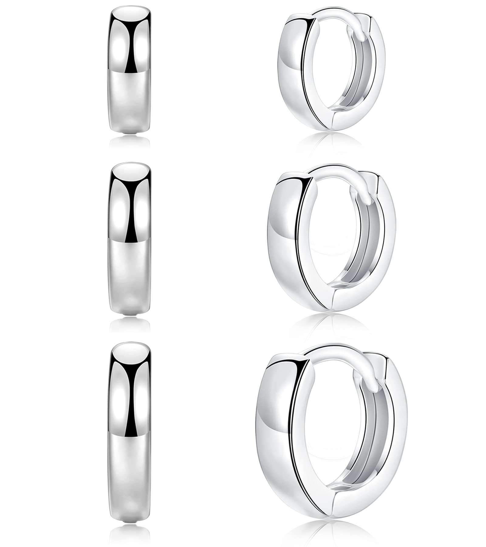 3 Pairs Small Hoop Earrings for Women Men, Sterling Silver Post Sleeper Cartilage Huggie Earring Set, 3mm in Width, Diameter in 8mm 10mm 12mm(Silver)