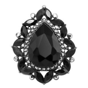 Rosemarie & Jubalee Women's Stunning Statement Teardrop Glass Crystal Stretch Cocktail Ring (Jet Black Hematite Tone)