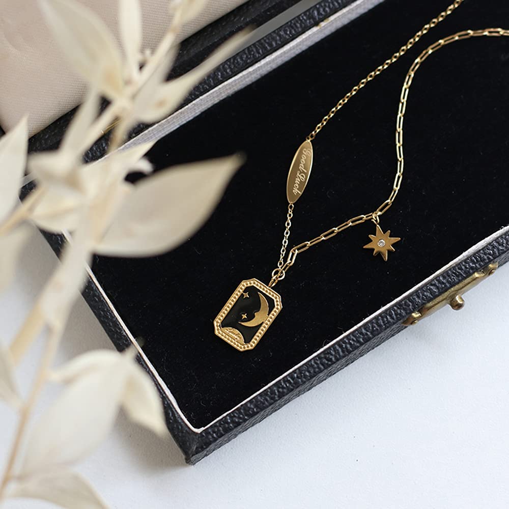 MODAGIRL Good Luck Stainless Steel 18k Gold Plated Moon Star Rectangle Pendant Necklace Retro Black Enamel Clavicle Chain