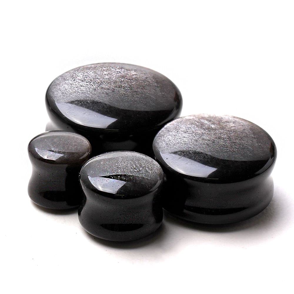 Pierced Owl Natural Silver Obsidian Stone Saddle Plug Gauges, Sold As Pair (22mm (7/8"))