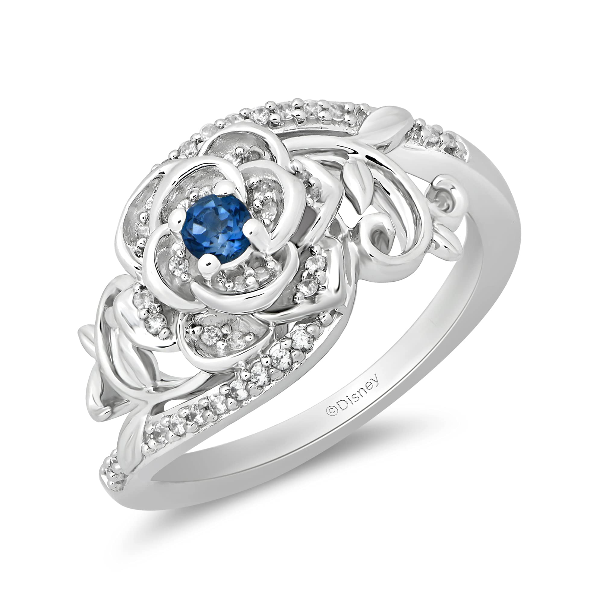 Jewelili Enchanted Disney Fine Jewelry Sterling Silver with 1/6 CTTW Diamond and London Blue Topaz Cinderella 70th Anniversary Gardenia Flower Ring Size 6