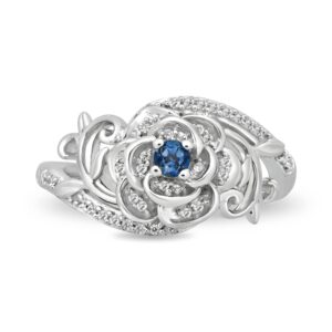 Jewelili Enchanted Disney Fine Jewelry Sterling Silver with 1/6 CTTW Diamond and London Blue Topaz Cinderella 70th Anniversary Gardenia Flower Ring Size 6