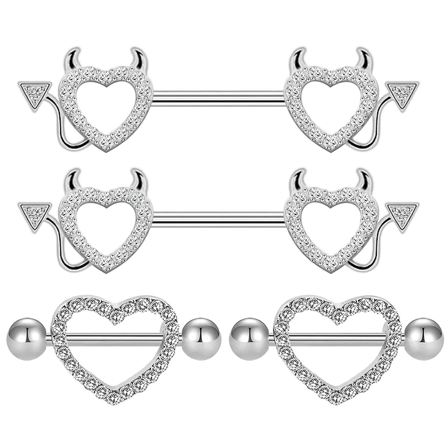 BODY16G CZCZ 2 Pairs 14G Heart Nipple Ring 316L Surgical Steel Nipple Barbell Demon Nipple Rings Body Piercing Jewelry CZ Inlay Nipple Piercing Retainer for Women Men