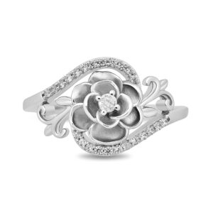 Jewelili Enchanted Disney Fine Jewelry Sterling Silver 1/5 Cttw Natural White Round Diamond Cinderella 70th Gardania Flower Fashion Ring, Size 7