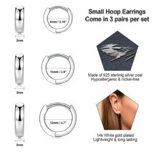 3 Pairs Small Hoop Earrings for Women Men, Sterling Silver Post Sleeper Cartilage Huggie Earring Set, 3mm in Width, Diameter in 8mm 10mm 12mm(Silver)