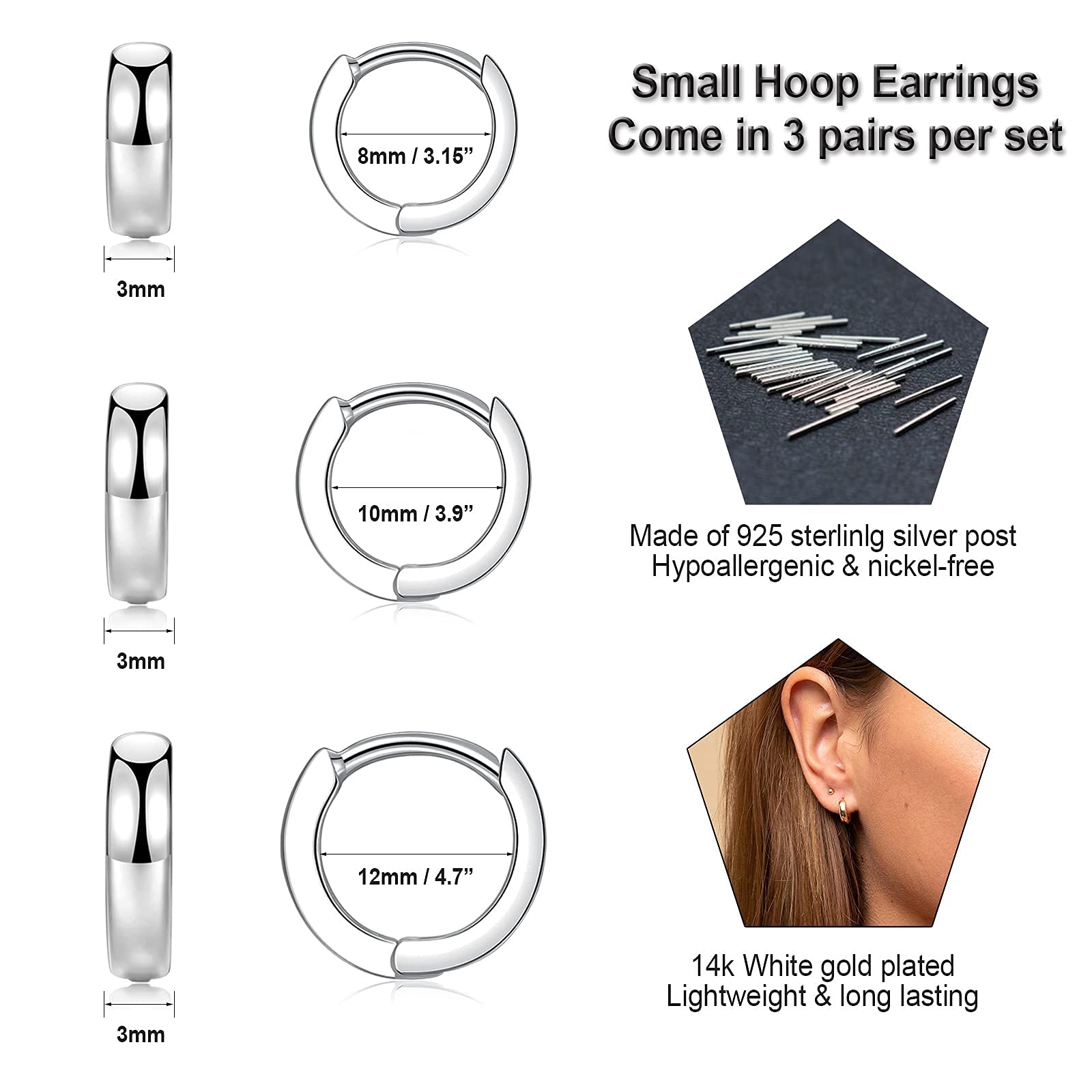 3 Pairs Small Hoop Earrings for Women Men, Sterling Silver Post Sleeper Cartilage Huggie Earring Set, 3mm in Width, Diameter in 8mm 10mm 12mm(Silver)