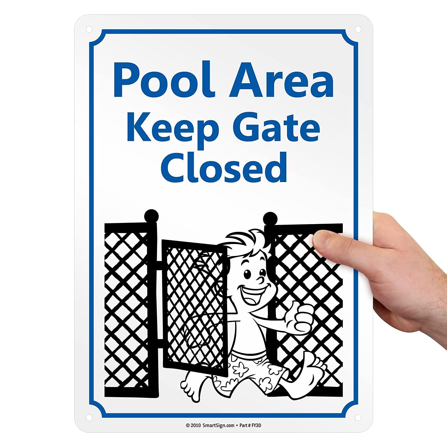 SmartSign 14 x 10 inch “Pool Area - Keep Gate Closed” Metal Sign with Funny Graphic, 40 mil Laminated Rustproof Aluminum, Blue, Black and White, Made in USA