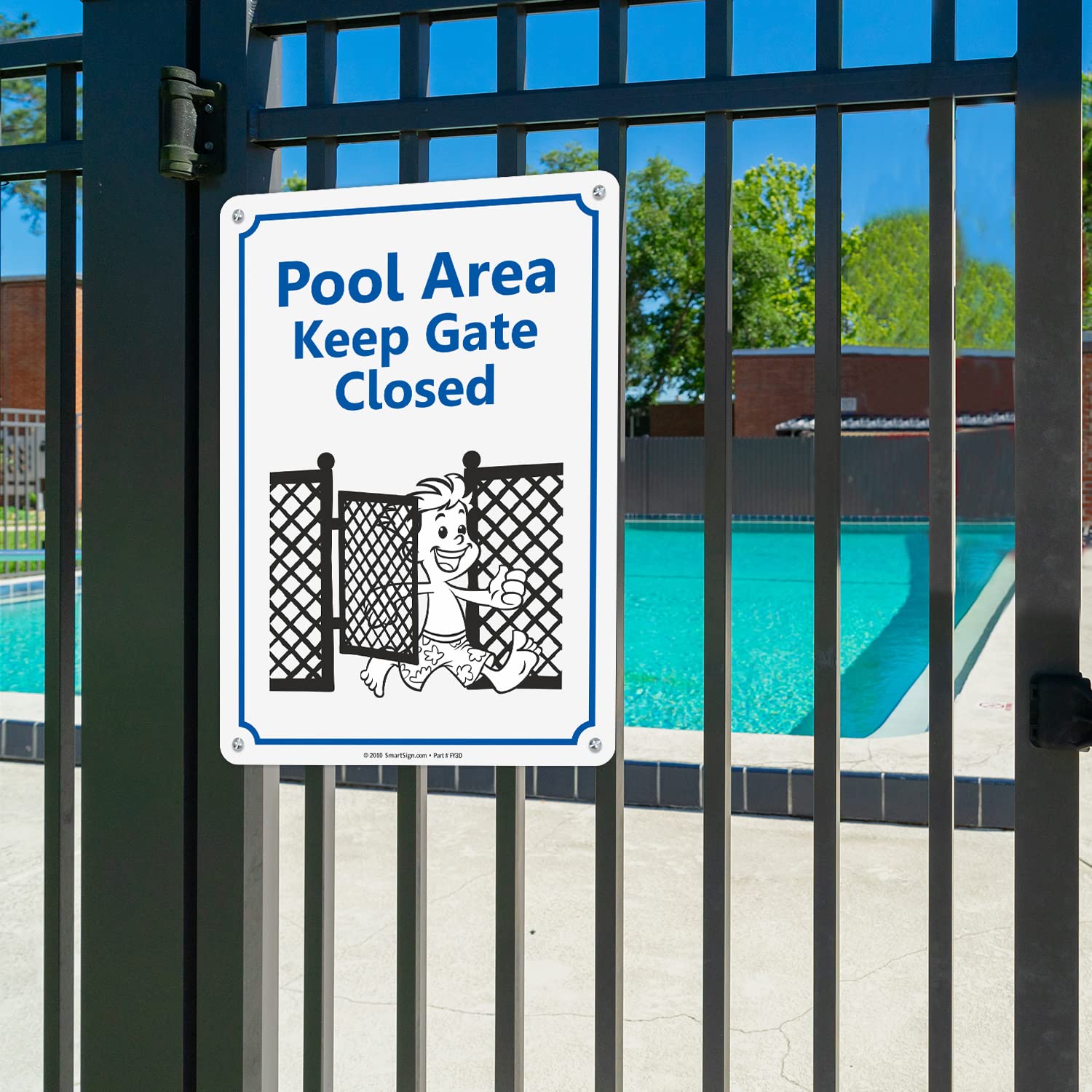 SmartSign 14 x 10 inch “Pool Area - Keep Gate Closed” Metal Sign with Funny Graphic, 40 mil Laminated Rustproof Aluminum, Blue, Black and White, Made in USA