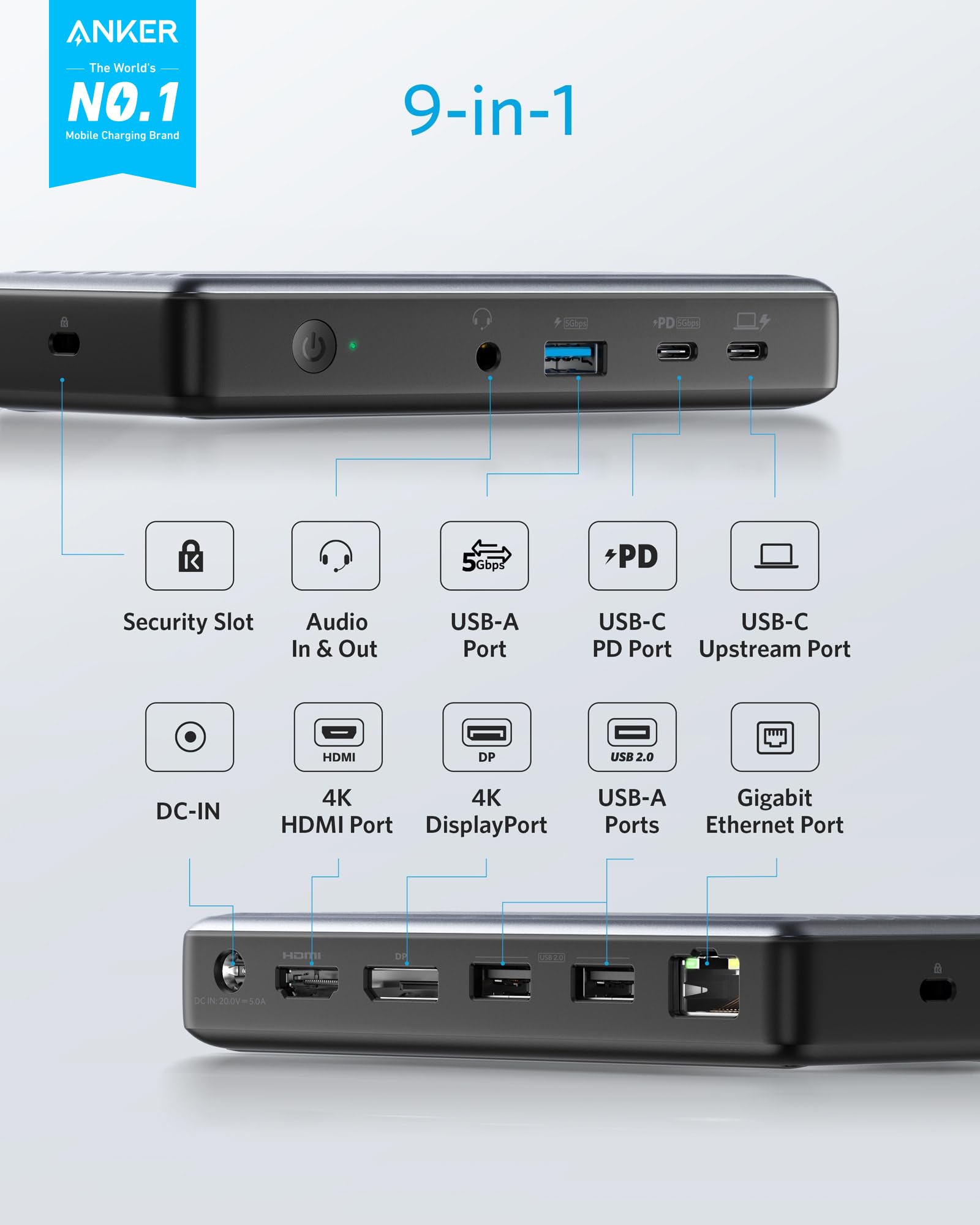 Anker USB C Docking Station, PowerExpand 9-in-1 PD Dock, 60W Charging for Laptop, 20W Power Delivery, 4K HDMI and DisplayPort, USB 3.0 and USB 2.0 Data, Gigabit Ethernet, 3.5 mm Audio