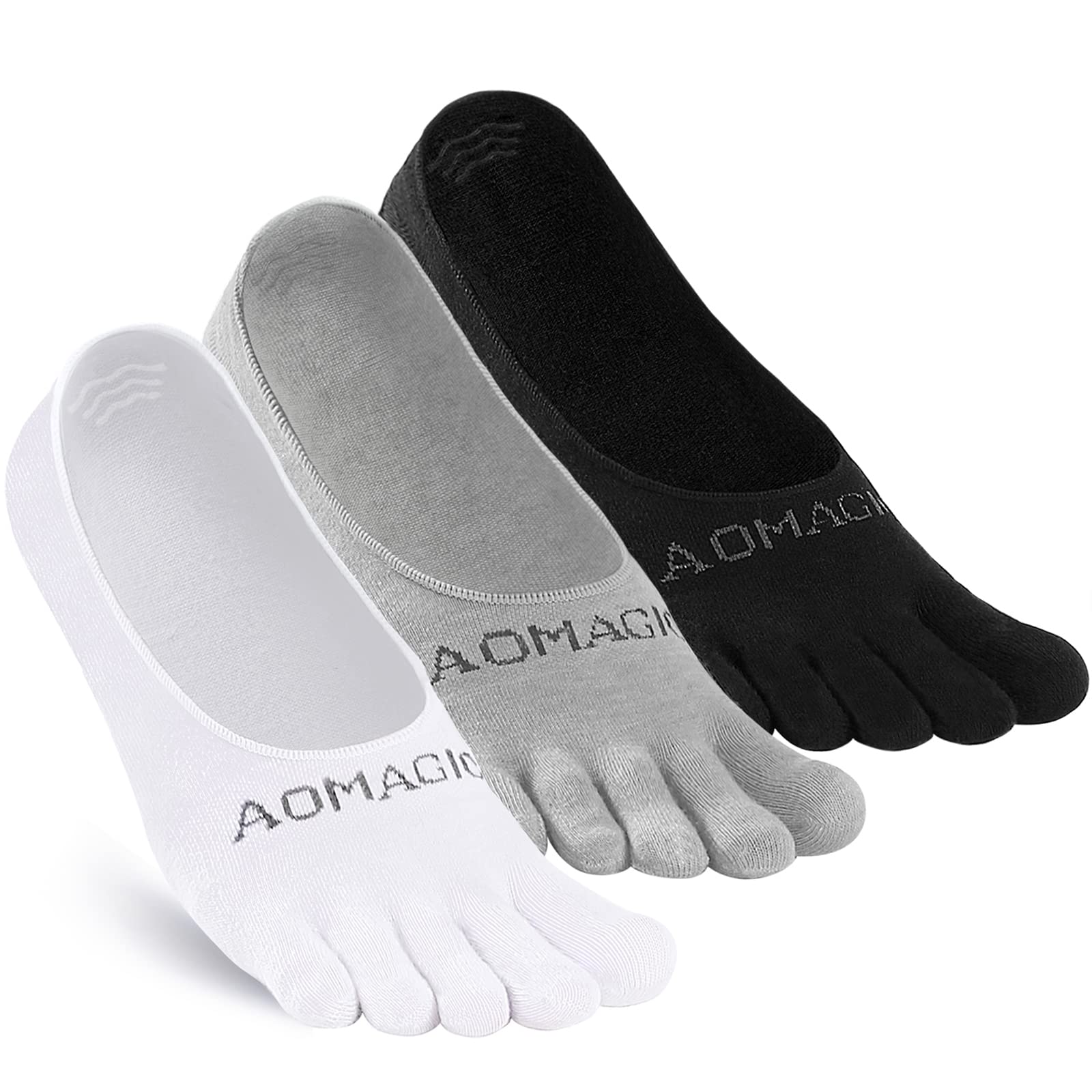 aomagic Toe Socks No Show Women Men Liner Socks Invisible Non-Slip Low Cut Finger Socks Soft Breathable, White/Black/Grey Medium - 3 Pairs