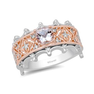 jewelili enchanted disney fine jewelry sterling silver and 10k rose gold 5x5 mm cushion cut morganite and 1/5 cttw natural white round diamond aurora ring, size 8