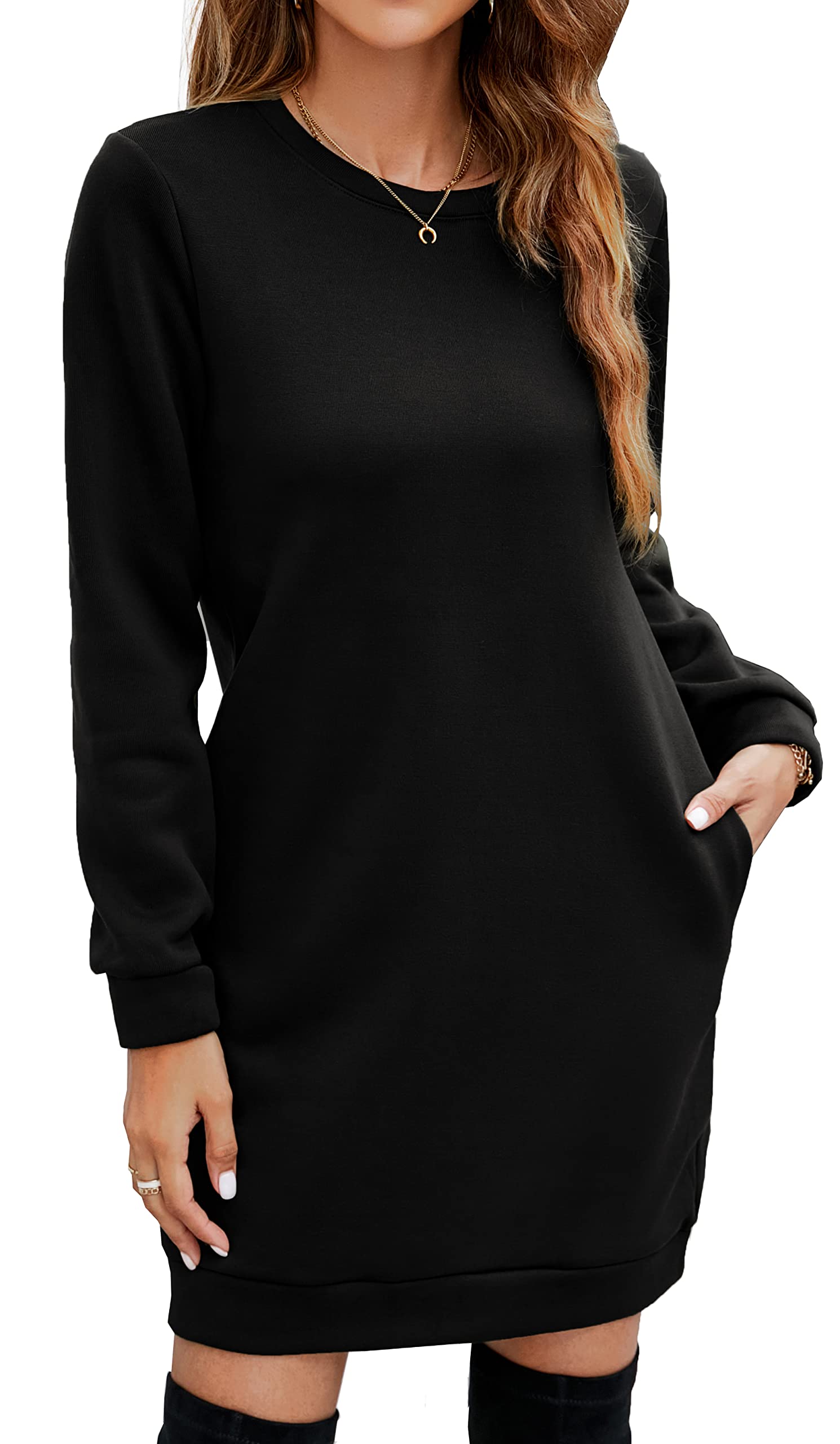 Miselon Women's Solid Sweater Dresses Fall Winter Long Pullover Tunic Dresses (Black, X-Large)