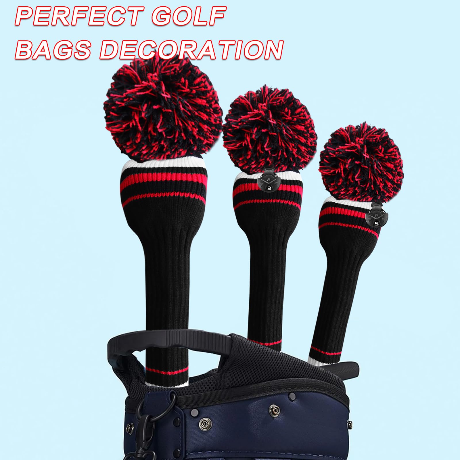 Golf Club Head Covers Knit for Woods Driver Fairway Hybrid Head Cover Knitted Pom Pom Stripes Pattern for Main Wood Clubs (Black&Red-3pcs(D+F+H))