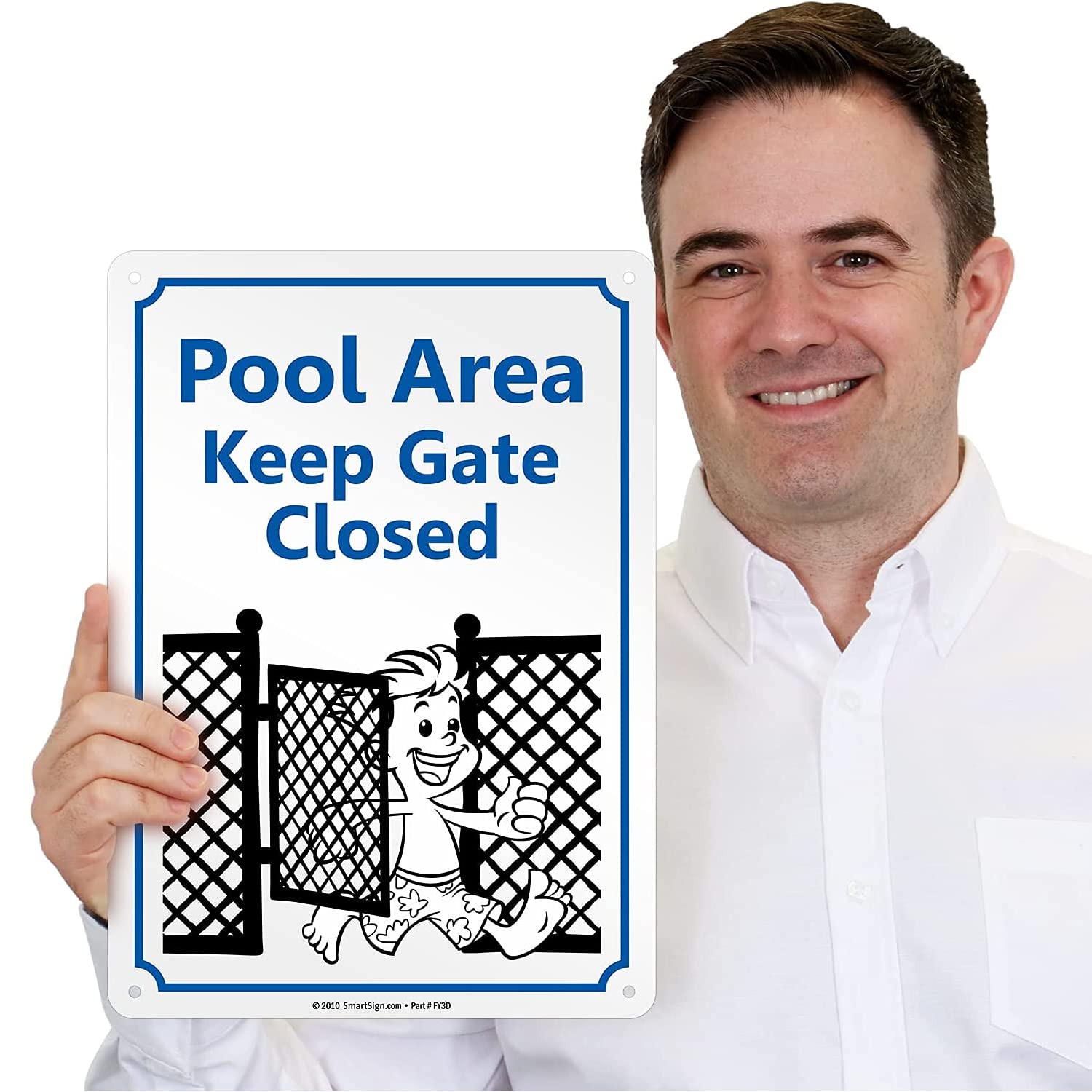 SmartSign 14 x 10 inch “Pool Area - Keep Gate Closed” Metal Sign with Funny Graphic, 40 mil Laminated Rustproof Aluminum, Blue, Black and White, Made in USA