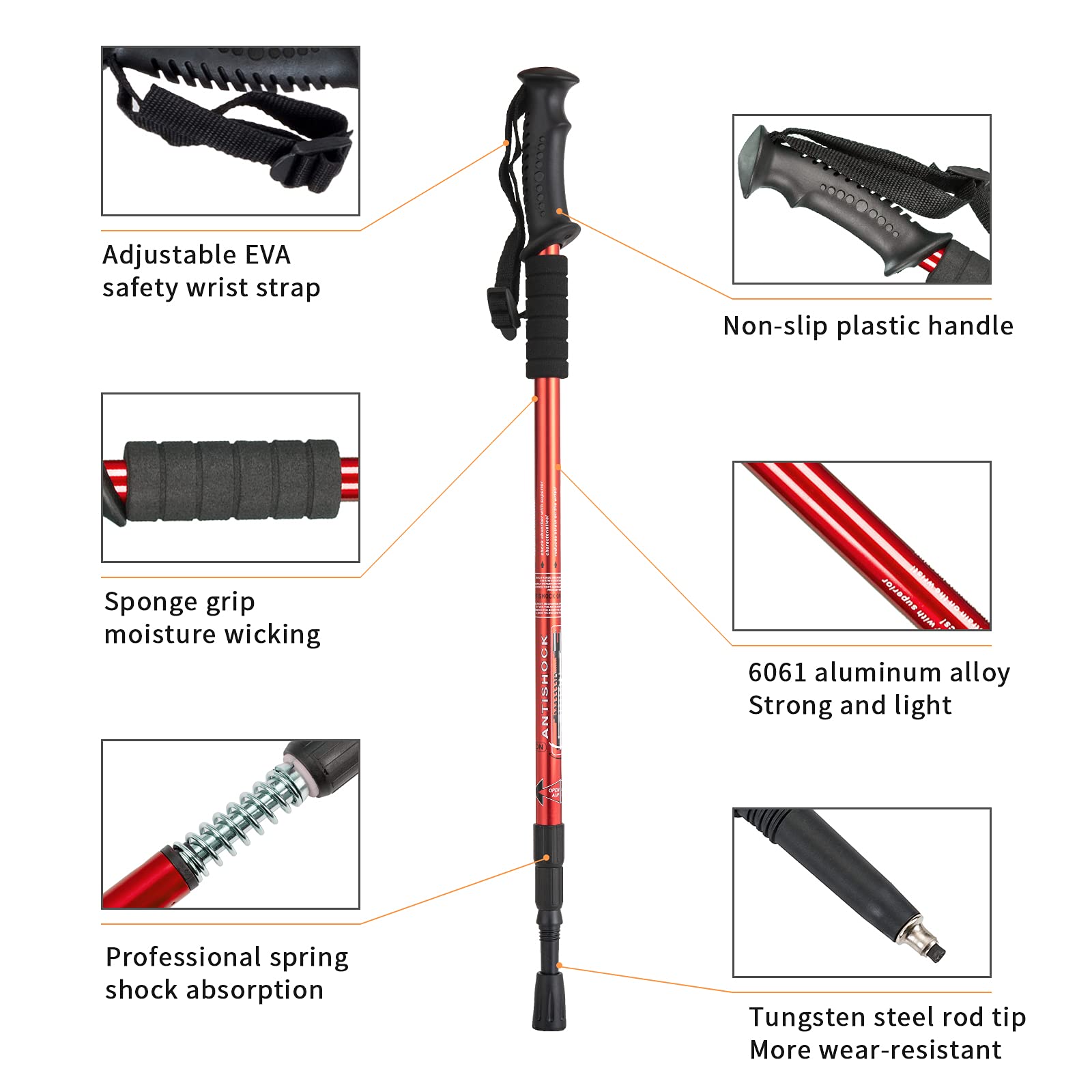 Aihoye Trekking Poles Shock Absorbing Adjustable Hiking or Walking Sticks for Hiking Collapsible Strong, 2-pc Pack Lightweight Walking Pole, All Terrain Accessories and Carry Bag (red)