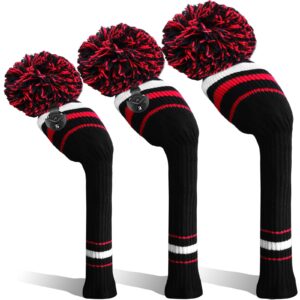 Golf Club Head Covers Knit for Woods Driver Fairway Hybrid Head Cover Knitted Pom Pom Stripes Pattern for Main Wood Clubs (Black&Red-3pcs(D+F+H))