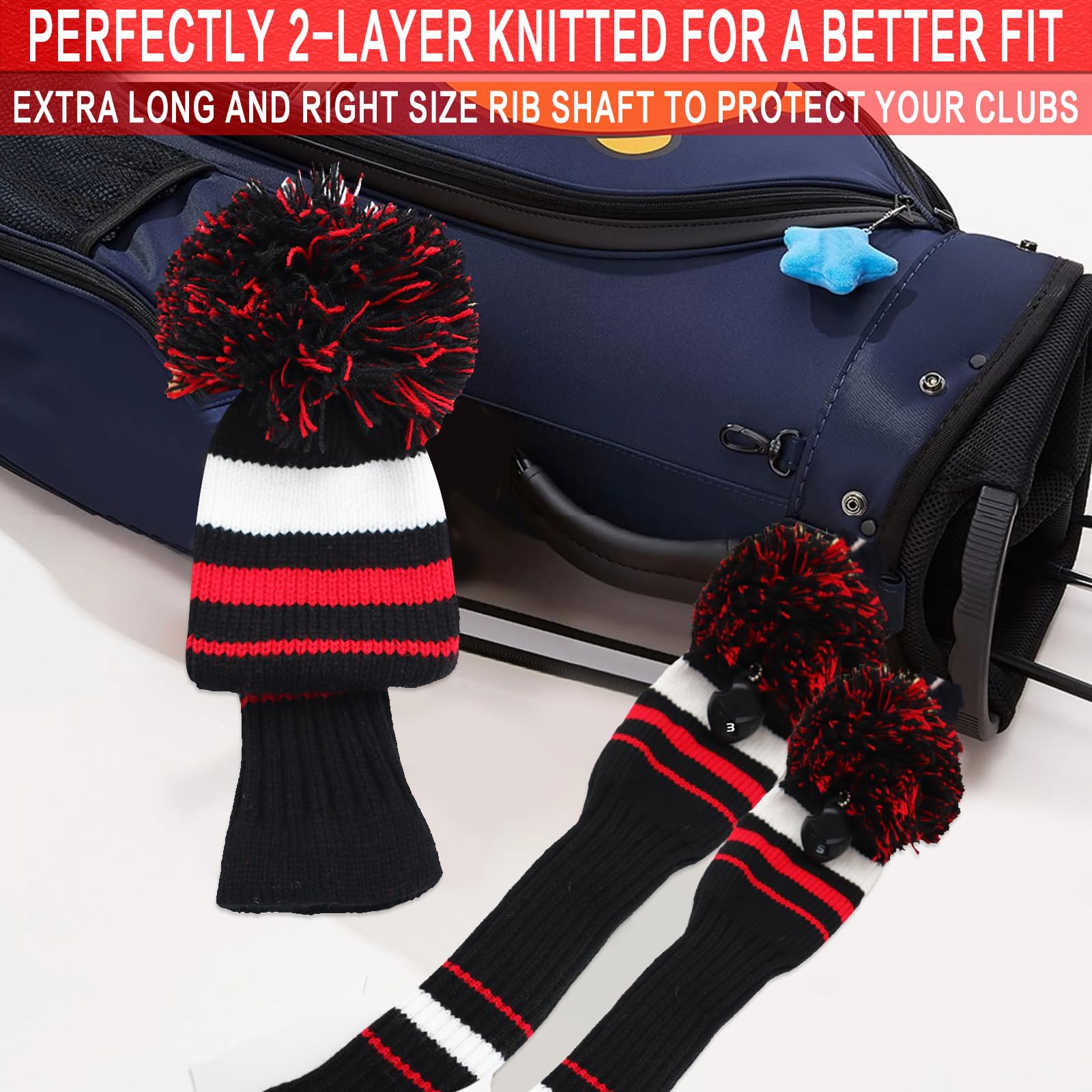 Golf Club Head Covers Knit for Woods Driver Fairway Hybrid Head Cover Knitted Pom Pom Stripes Pattern for Main Wood Clubs (Black&Red-3pcs(D+F+H))