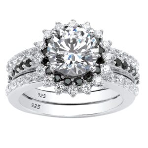 palmbeach platinum-plated sterling silver round white and black cubic zirconia jacket bridal ring set sizes 6-10 size 9