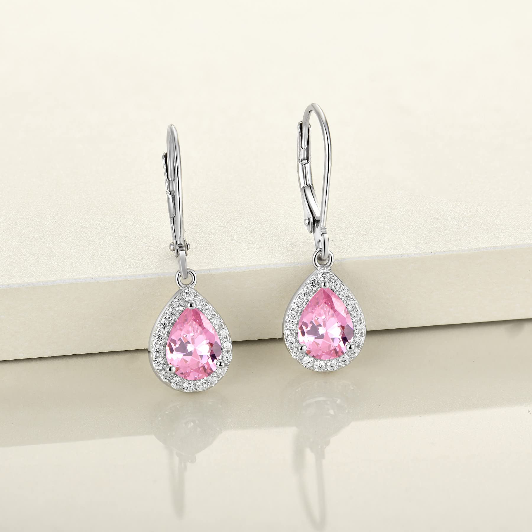 YL Women's Dangle Drop Earrings Sterling Silver Solitaire Leverback Earrings Halo Teardrop Created Pink Tourmaline Jewelry Gifts