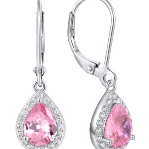 YL Women's Dangle Drop Earrings Sterling Silver Solitaire Leverback Earrings Halo Teardrop Created Pink Tourmaline Jewelry Gifts