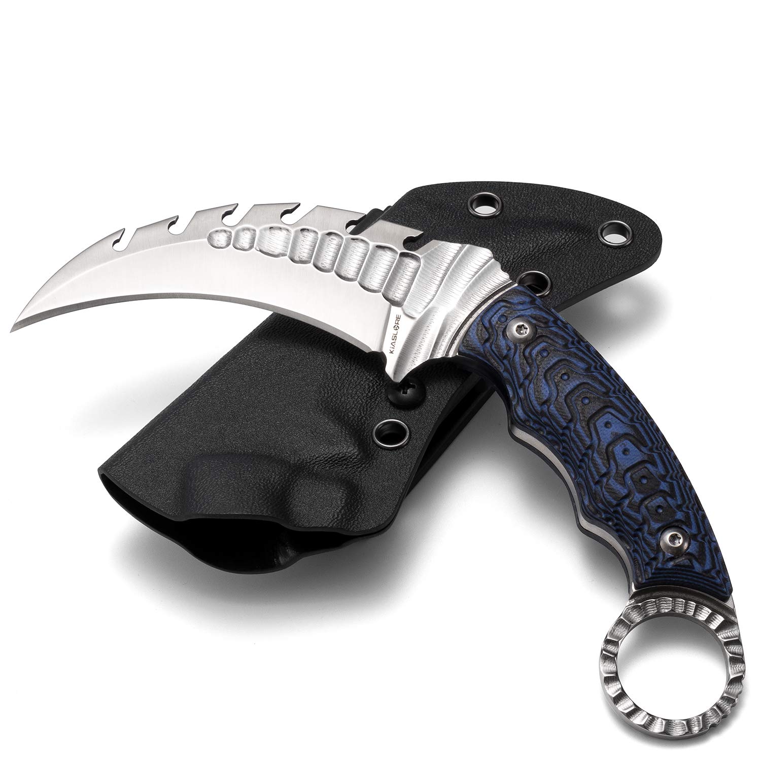 KIASLORE Karambit Knife - D2 Steel Fixed Blade Knife, Camping Knife, Survival Knives & Hunting Knives EDC tool with Snake pattern Handle & Knife Sheath Blue