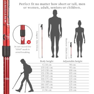 Aihoye Trekking Poles Shock Absorbing Adjustable Hiking or Walking Sticks for Hiking Collapsible Strong, 2-pc Pack Lightweight Walking Pole, All Terrain Accessories and Carry Bag (red)