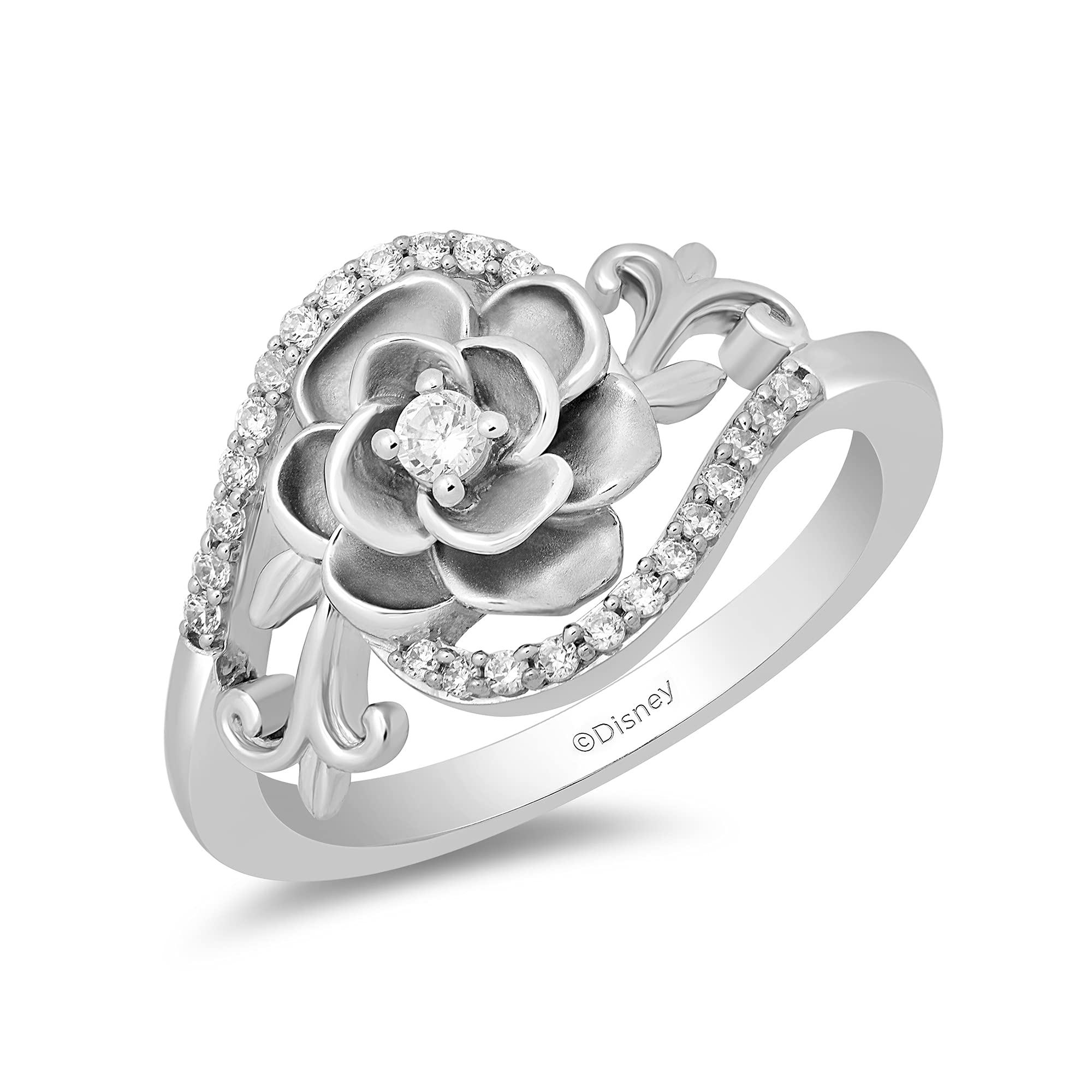 Jewelili Enchanted Disney Fine Jewelry Sterling Silver 1/5 Cttw Natural White Round Diamond Cinderella 70th Gardania Flower Fashion Ring, Size 7