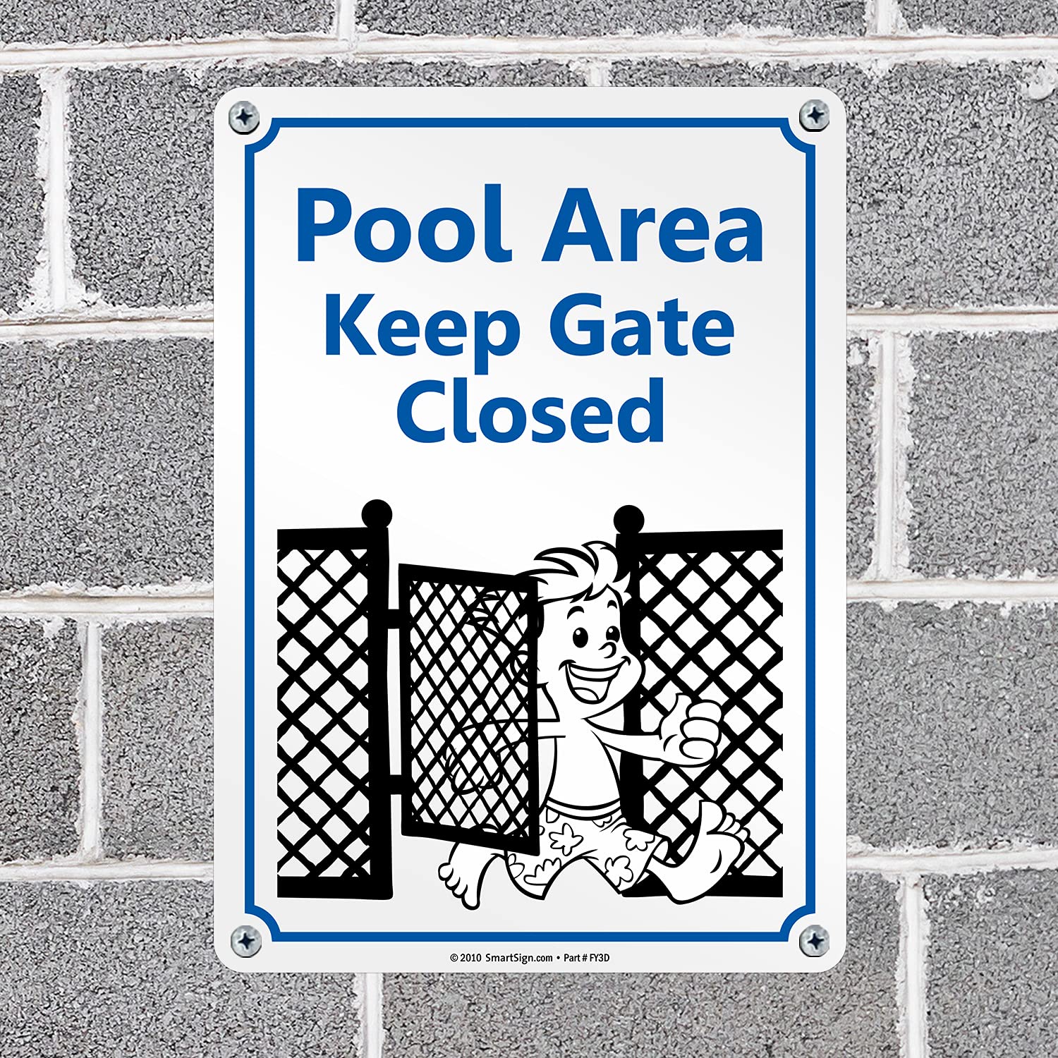 SmartSign 14 x 10 inch “Pool Area - Keep Gate Closed” Metal Sign with Funny Graphic, 40 mil Laminated Rustproof Aluminum, Blue, Black and White, Made in USA