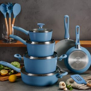 Tramontina 14-Piece Ceramic Cookware Set - Blue - Nonstick, Induction-Ready, Oven Safe, Dishwasher Safe, Includes Fry Pans, Sauté Pan, Sauce Pans, Dutch Oven, and Wooden Utensils, 80110/035DS