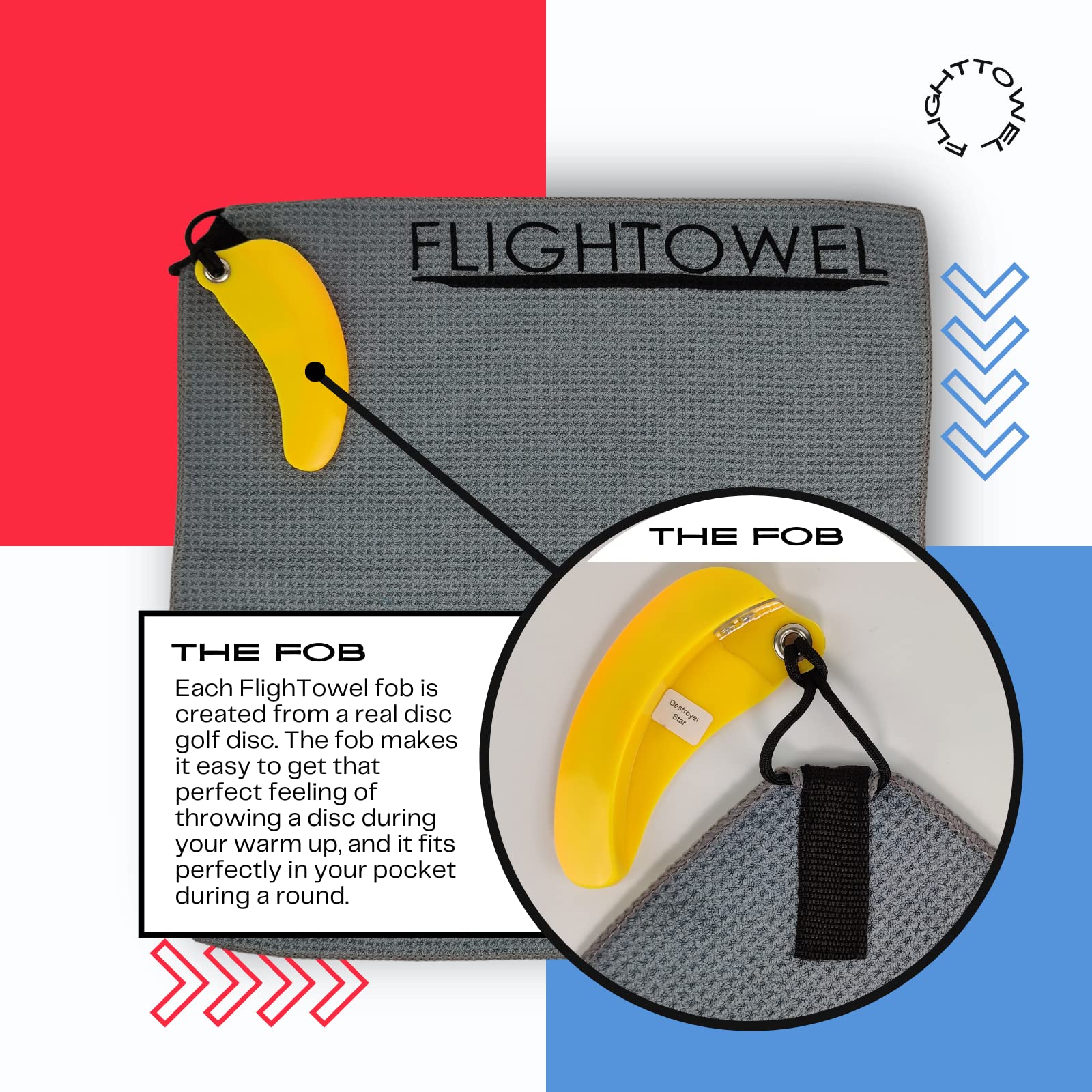 FlighTowel Disc Golf Towel | Warm-up Towel for Disc Golf | Microfiber Cloth | Made from an Innova Destroyer | Prevent Injuries and Gain Strength (Colors Will Vary) (Right-Handed)