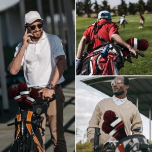 Golf Club Head Covers Knit for Woods Driver Fairway Hybrid Head Cover Knitted Pom Pom Stripes Pattern for Main Wood Clubs (Black&Red-3pcs(D+F+H))