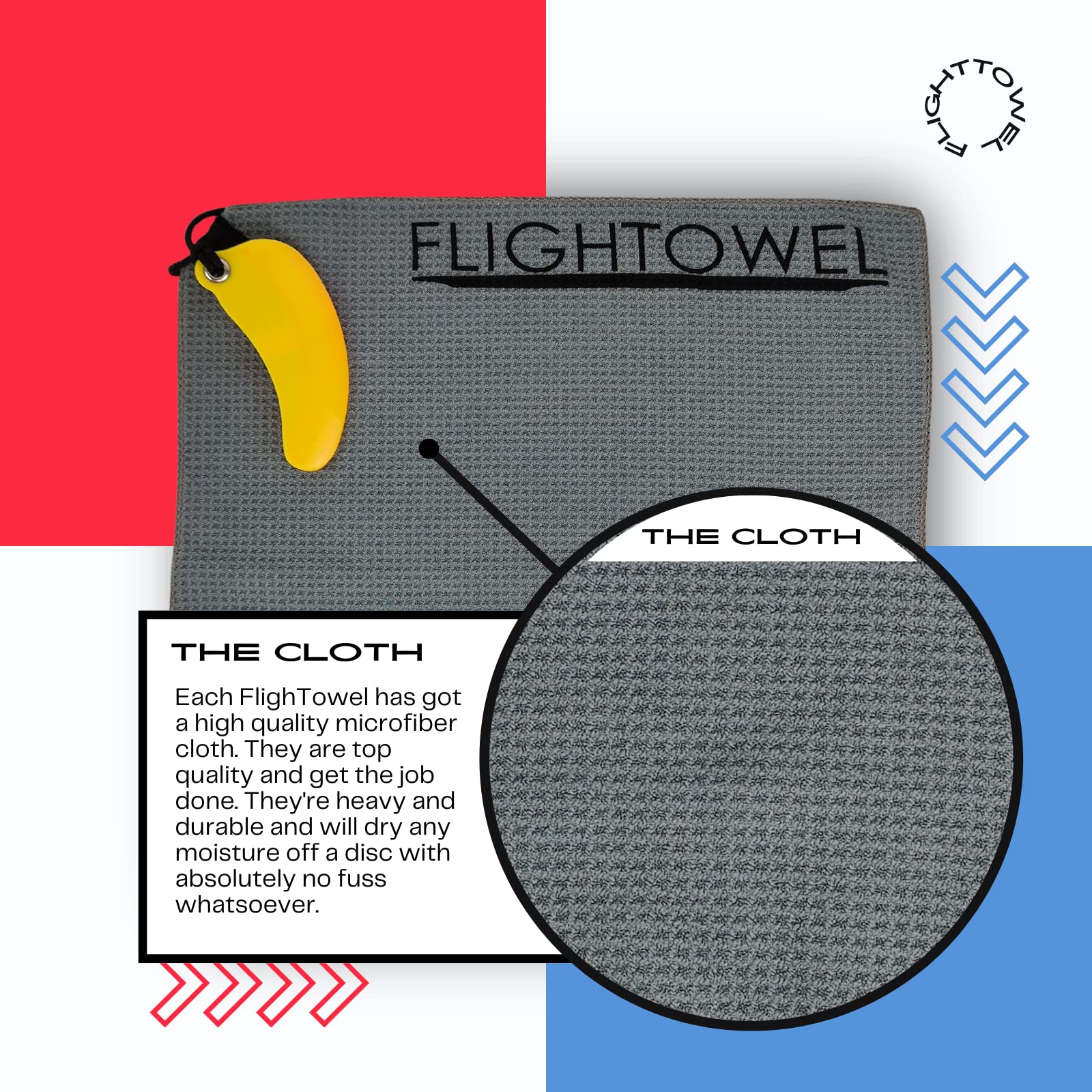 FlighTowel Disc Golf Towel | Warm-up Towel for Disc Golf | Microfiber Cloth | Made from an Innova Destroyer | Prevent Injuries and Gain Strength (Colors Will Vary) (Right-Handed)