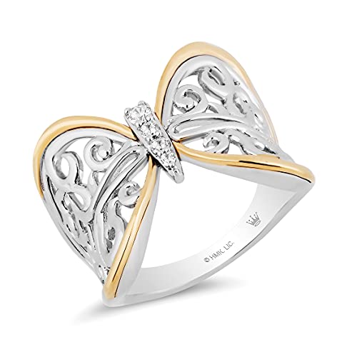 Jewelili Hallmark Fine Jewelry Sterling Silver and 14K Yellow Gold 1/10 Cttw Natural Round White Diamond Filigree Fashion Butterfly Ring, Size 7