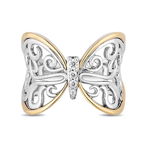 Jewelili Hallmark Fine Jewelry Sterling Silver and 14K Yellow Gold 1/10 Cttw Natural Round White Diamond Filigree Fashion Butterfly Ring, Size 7