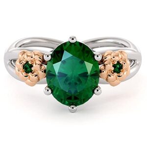 1 1/9 CT Oval Shape Simulated Green Emerald Floral Wedding Engagement Ring in 14K White Gold Plated 925 Sterling Silver (1.10 Ctttw) Ring Size - 12