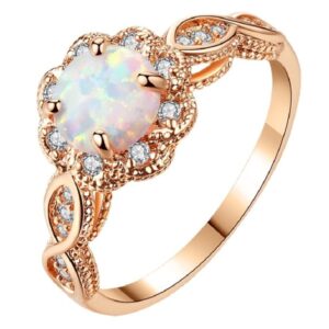 FLYYQMIAO 14K Gold Plated Rose Gold White Simulated Opal Ring White Fire Opal Zirconia Women Jewelry Wedding Engagement Anniversary Ring Flower Shape Women Finger Rings (8#)