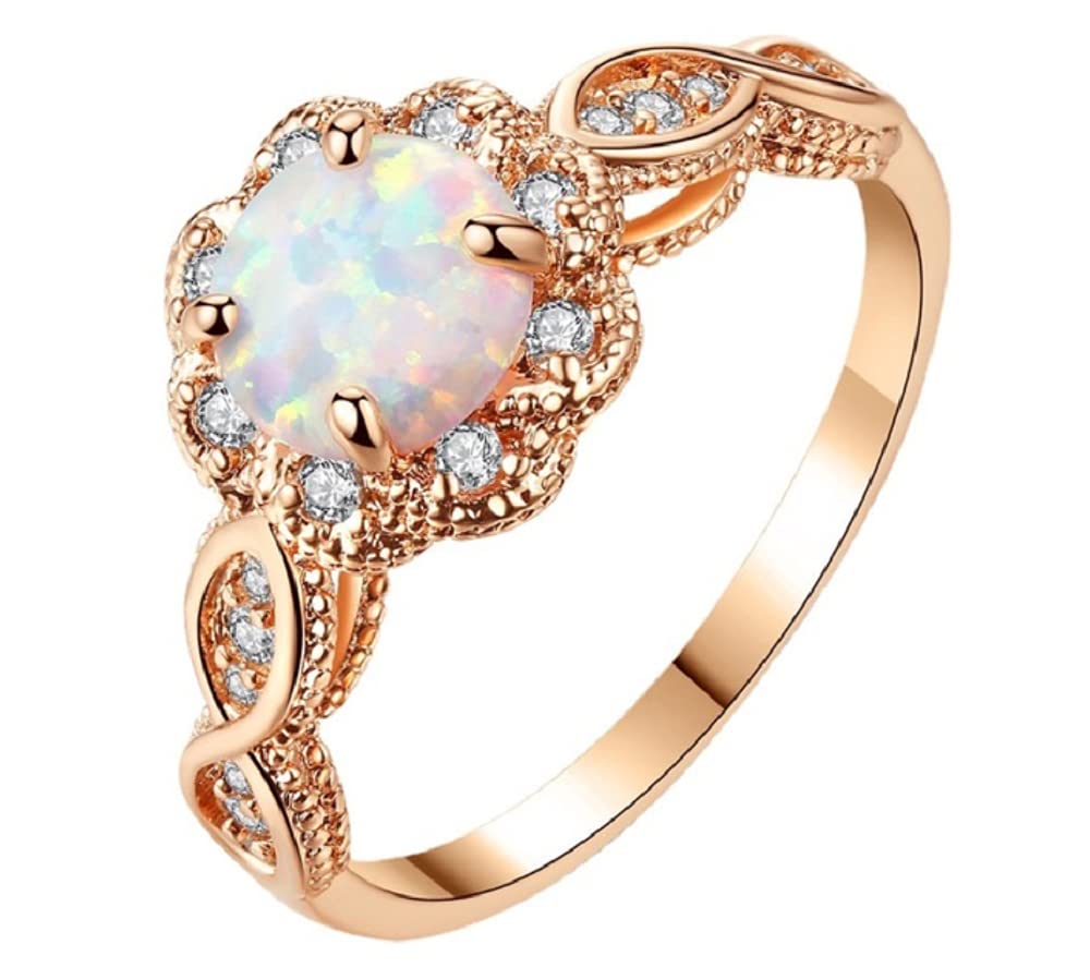 FLYYQMIAO 14K Gold Plated Rose Gold White Simulated Opal Ring White Fire Opal Zirconia Women Jewelry Wedding Engagement Anniversary Ring Flower Shape Women Finger Rings (8#)