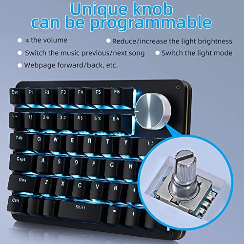 Koolertron One Handed Mechanical Gaming Keyboard with 24 Macro Keys, 45-Key Fully Programmable Mini Keypad, Mini USB Macro Keyboard with Rotating Knob, Blue Backlit, for Windows PC Gamers