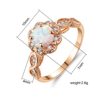 FLYYQMIAO 14K Gold Plated Rose Gold White Simulated Opal Ring White Fire Opal Zirconia Women Jewelry Wedding Engagement Anniversary Ring Flower Shape Women Finger Rings (8#)