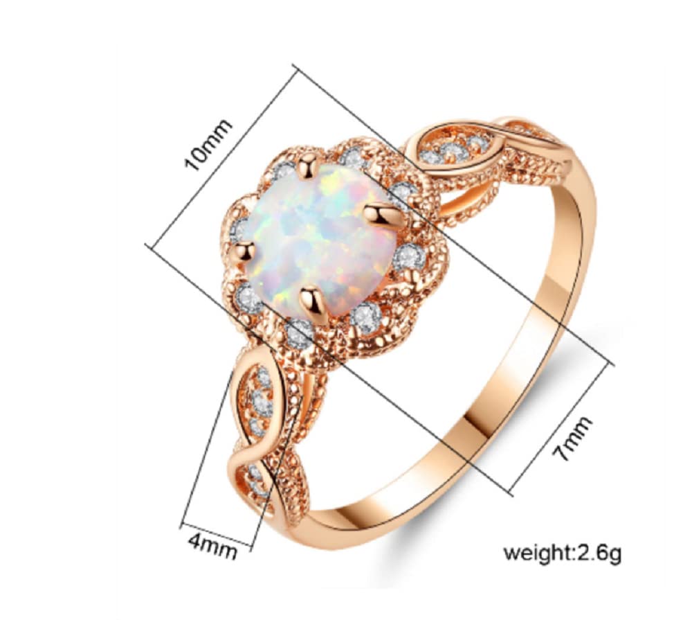 FLYYQMIAO 14K Gold Plated Rose Gold White Simulated Opal Ring White Fire Opal Zirconia Women Jewelry Wedding Engagement Anniversary Ring Flower Shape Women Finger Rings (8#)