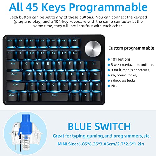 Koolertron One Handed Mechanical Gaming Keyboard with 24 Macro Keys, 45-Key Fully Programmable Mini Keypad, Mini USB Macro Keyboard with Rotating Knob, Blue Backlit, for Windows PC Gamers