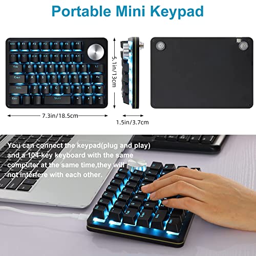 Koolertron One Handed Mechanical Gaming Keyboard with 24 Macro Keys, 45-Key Fully Programmable Mini Keypad, Mini USB Macro Keyboard with Rotating Knob, Blue Backlit, for Windows PC Gamers