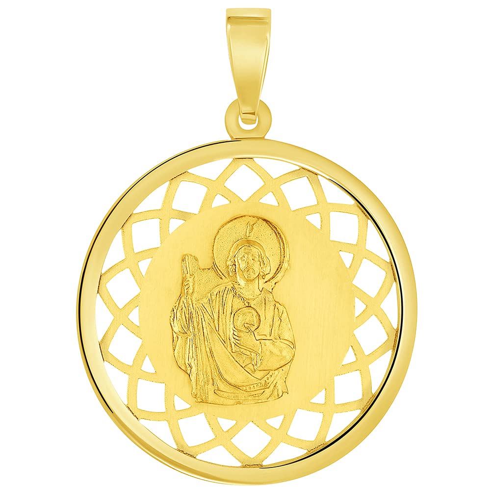 Jewelry America 14k Yellow Gold Round Open Ornate Medal of Saint Jude Thaddeus the Apostle Pendant