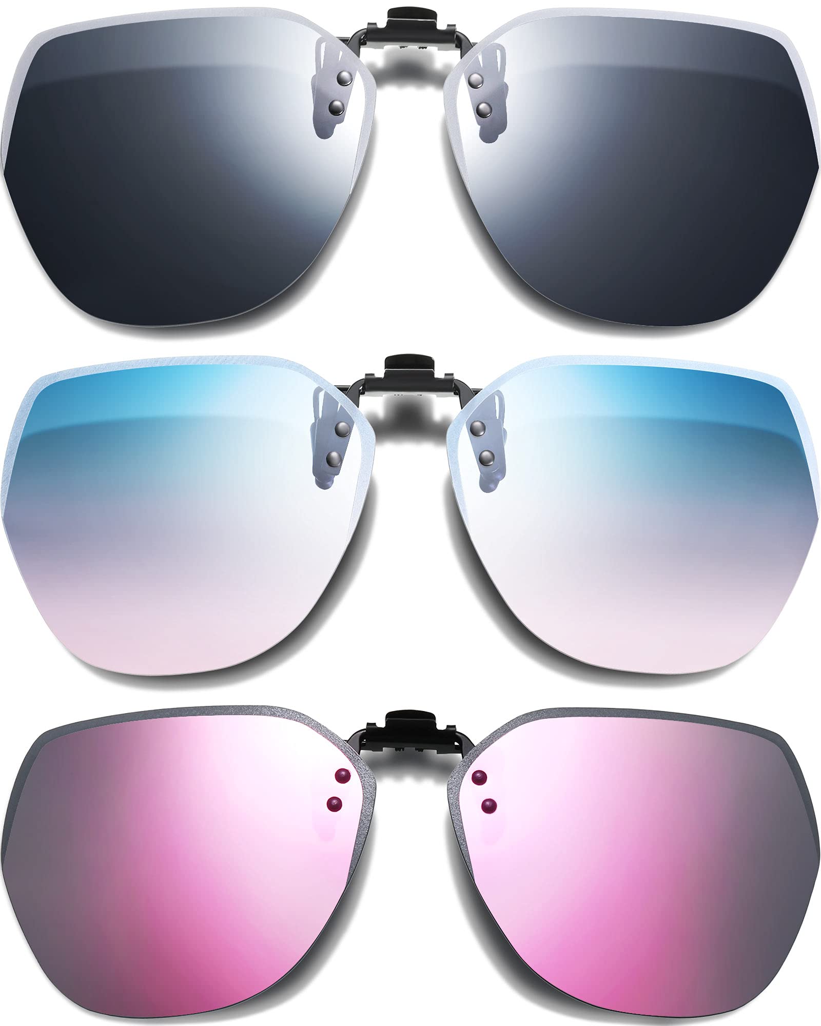 Frienda 3 Pairs Polarized Clip on Sunglasses over Prescription Glasses Rimless Anti-glare Sunglasses Flip up Sunglasses(Black-Gray, Blue-Pink, Pink)