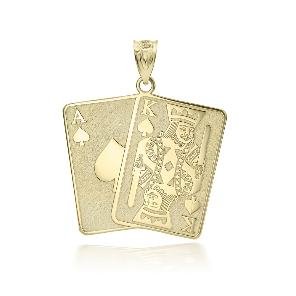 Fine 14k Yellow Gold Personalized Name Spade Ace and King Card/King of Spades Poker Card Pendant