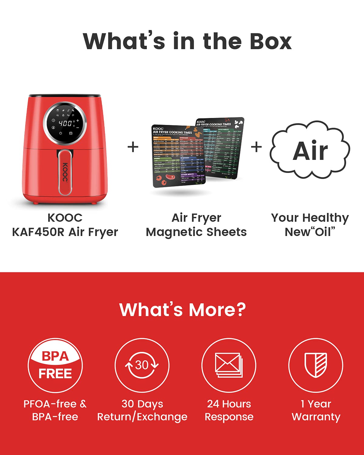 [NEW LANUCH] KOOC Large Air Fryer, 4.5 Quart Electric Hot Oven Cooker, Free Cheat Sheet for Quick Reference Guide, LED Touch Digital Screen, 8 in 1, Customized Temp/Time, Nonstick Basket, Red