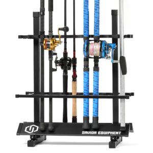 savior equipment fishing rod rack holder organizer, lightweight aluminum vertical fish pole garage storage ground display stand, hold up to 24 slots fresh salt water spinning rods & reel combo, black