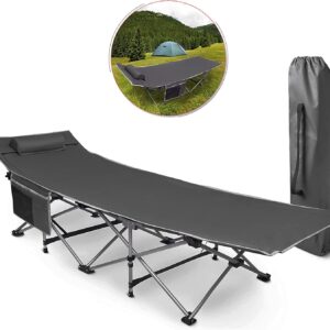 VaygWay Outdoor Folding Camping Travel Cot - Grey Lightweight Comfortable Portable Heavy Duty Foldable Cot – Sleeping Travel Bed w/Pocket - Adults and Kids Travel Cot –Outdoor Hiking, (Grey 1 Pack)