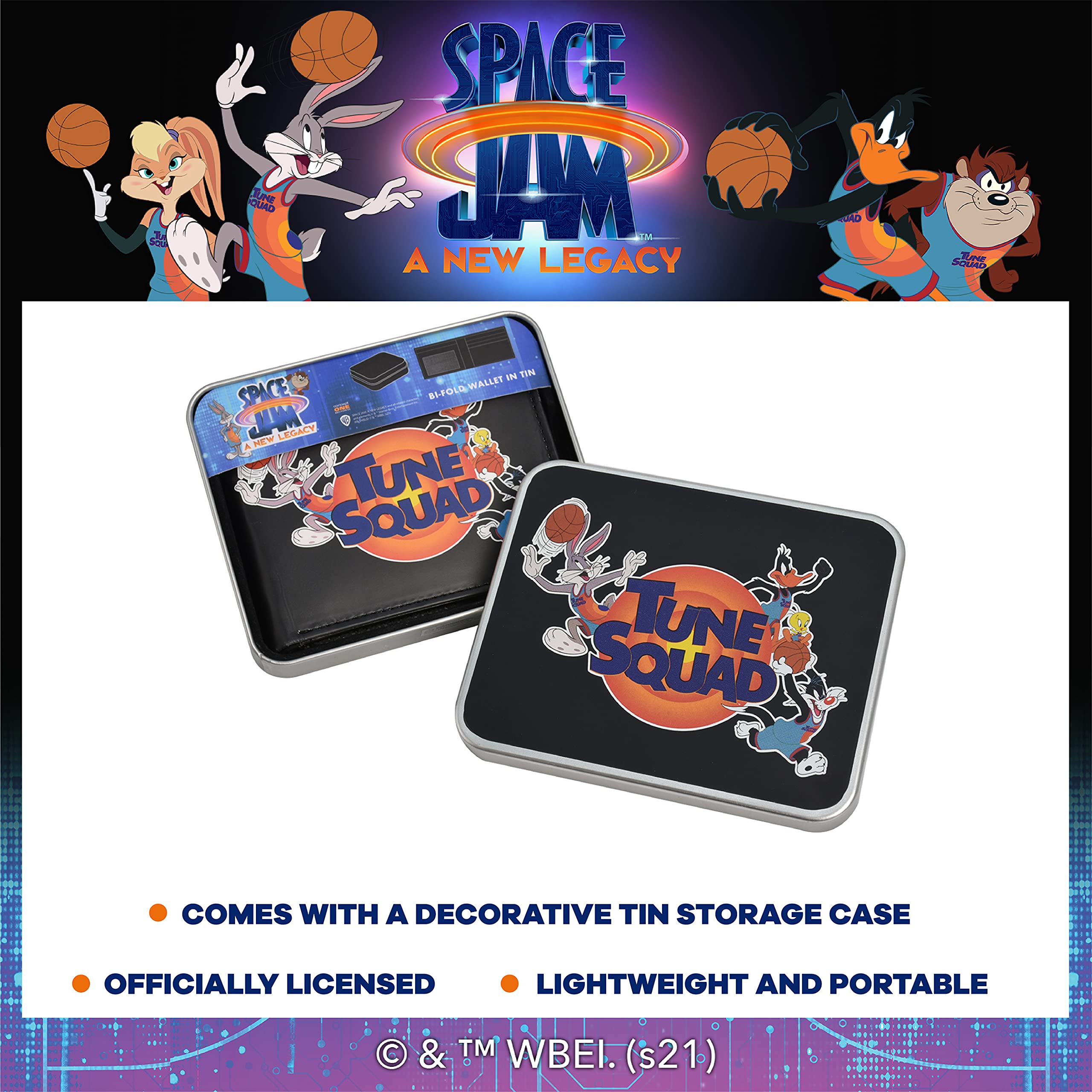 Concept One Warner Bros Space Jam A New Legacy Tune Squad Bifold Wallet in a Decorative Tin Case, Multi